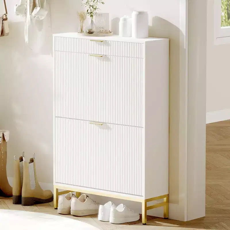 Fluted Shoe Cabinet with 2 Flip Drawers, Slim Wood Shoe Organizer for Small Spaces, Hallway Entryway