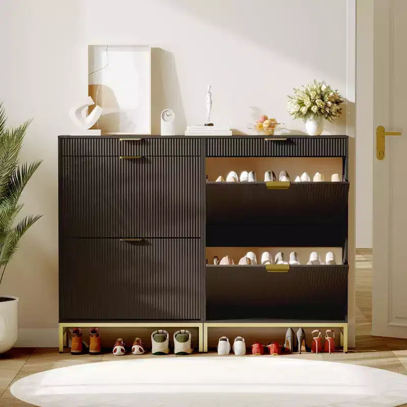 Fluted Shoe Cabinet with 2 Flip Drawers, Slim Wood Shoe Organizer for Small Spaces, Hallway Entryway