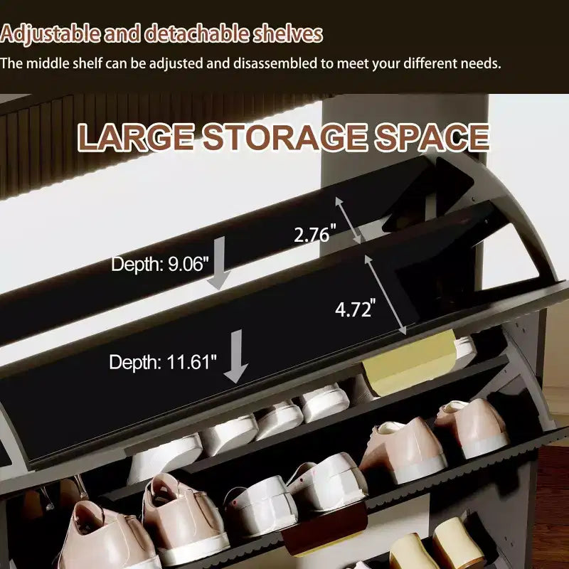 Fluted Shoe Cabinet with 2 Flip Drawers, Slim Wood Shoe Organizer for Small Spaces, Hallway Entryway