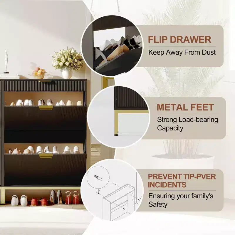 Fluted Shoe Cabinet with 2 Flip Drawers, Slim Wood Shoe Organizer for Small Spaces, Hallway Entryway