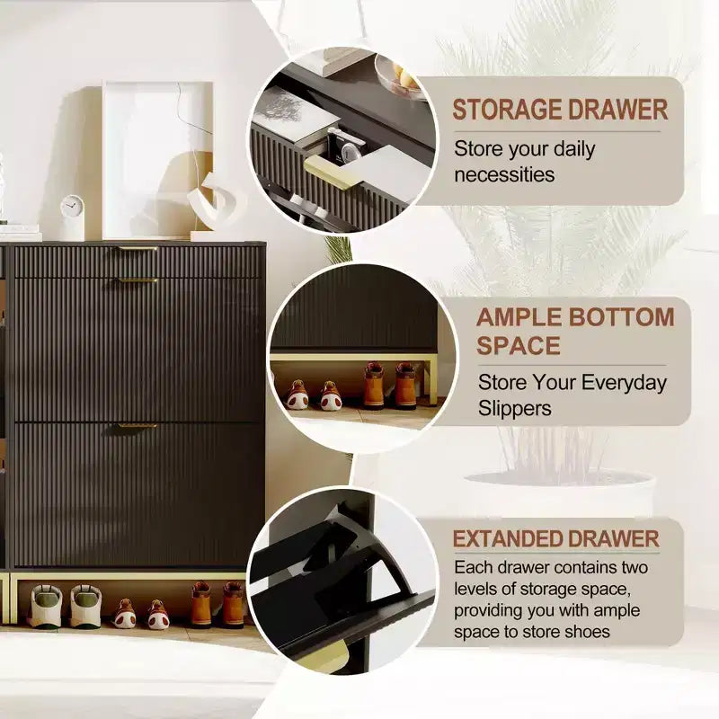 Fluted Shoe Cabinet with 2 Flip Drawers, Slim Wood Shoe Organizer for Small Spaces, Hallway Entryway