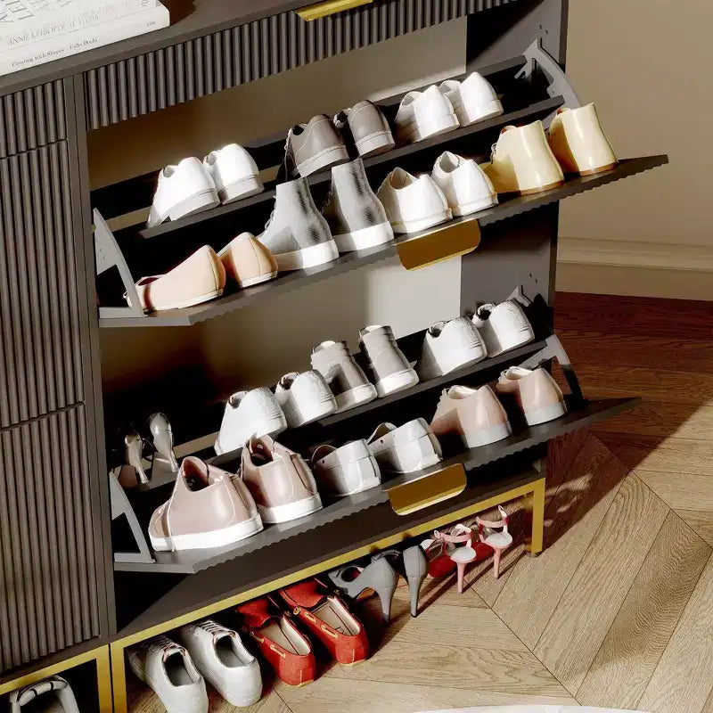 Fluted Shoe Cabinet with 2 Flip Drawers, Slim Wood Shoe Organizer for Small Spaces, Hallway Entryway