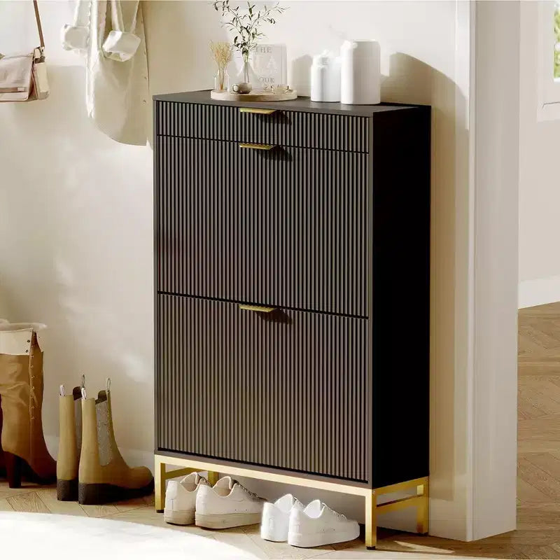 Fluted Shoe Cabinet with 2 Flip Drawers, Slim Wood Shoe Organizer for Small Spaces, Hallway Entryway