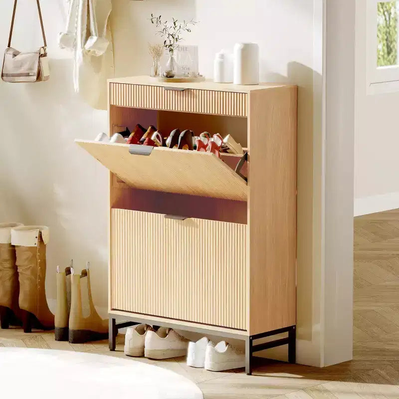 Fluted Shoe Cabinet with 2 Flip Drawers, Slim Wood Shoe Organizer for Small Spaces, Hallway Entryway
