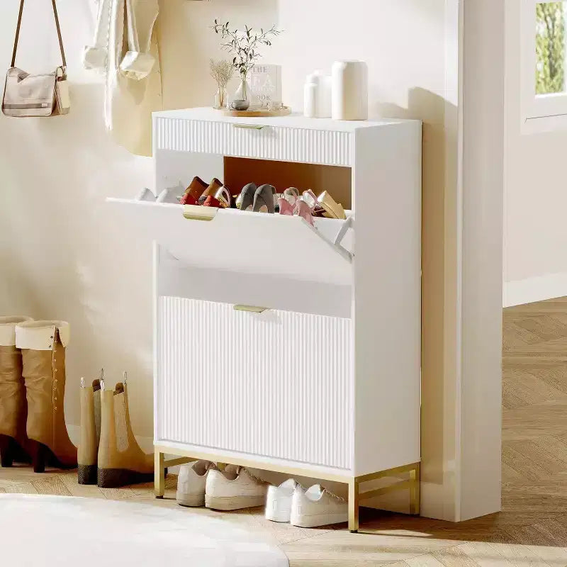 Fluted Shoe Cabinet with 2 Flip Drawers, Slim Wood Shoe Organizer for Small Spaces, Hallway Entryway