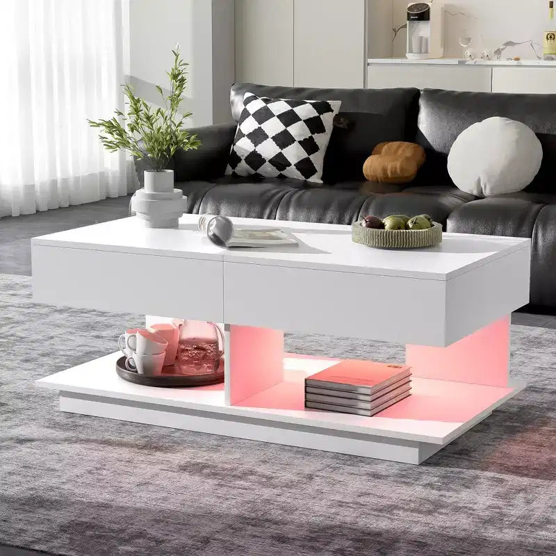 Extendable Coffee Table with Storage and LED Lights, Hidden Compartment, Open Shelf for Living Room