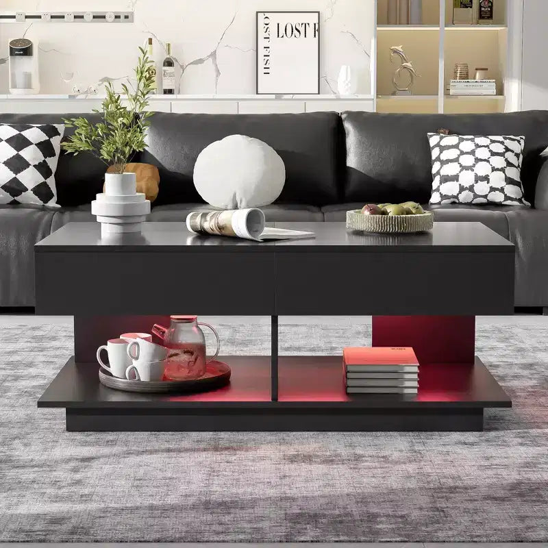 Extendable Coffee Table with Storage and LED Lights, Hidden Compartment, Open Shelf for Living Room