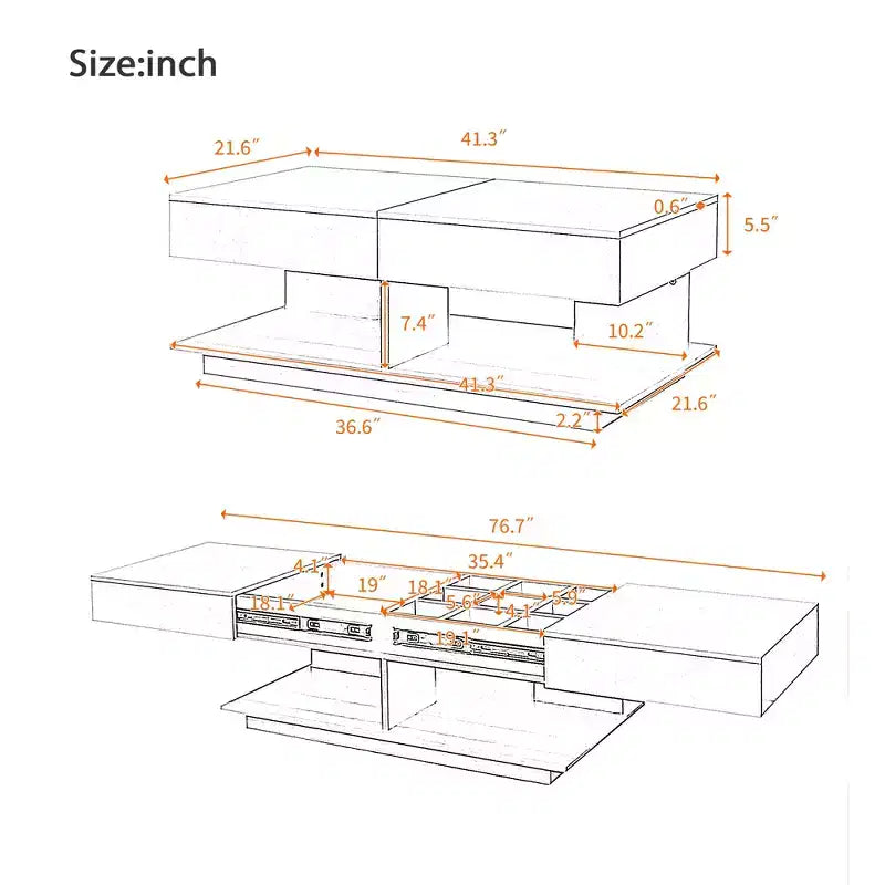 Extendable Coffee Table with Storage and LED Lights, Hidden Compartment, Open Shelf for Living Room