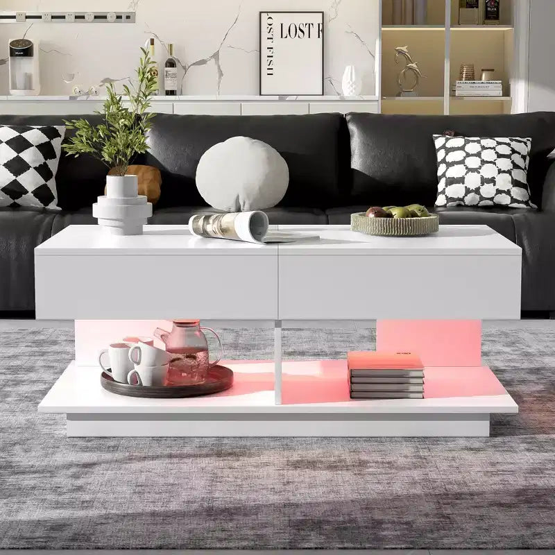 Extendable Coffee Table with Storage and LED Lights, Hidden Compartment, Open Shelf for Living Room