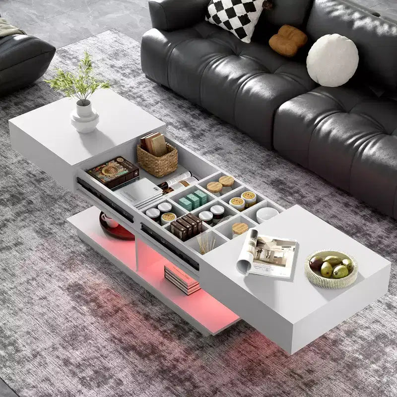 Extendable Coffee Table with Storage and LED Lights, Hidden Compartment, Open Shelf for Living Room