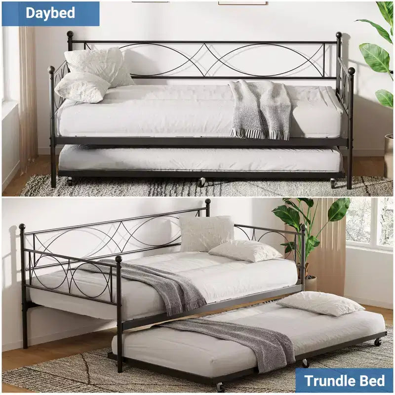 Twin Size Daybed, Metal Daybed Frame with Trundle, Heavy Duty Metal Slats, Mattress Foundation Platform Sofa Bed