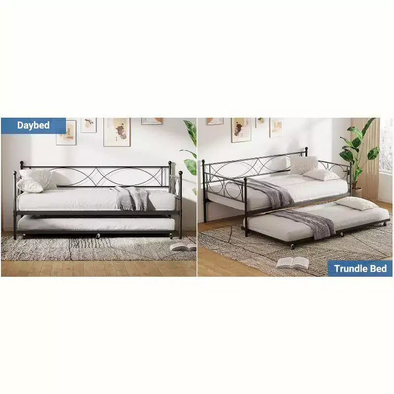 Twin Size Daybed, Metal Daybed Frame with Trundle, Heavy Duty Metal Slats, Mattress Foundation Platform Sofa Bed