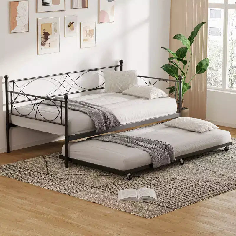 Twin Size Daybed, Metal Daybed Frame with Trundle, Heavy Duty Metal Slats, Mattress Foundation Platform Sofa Bed