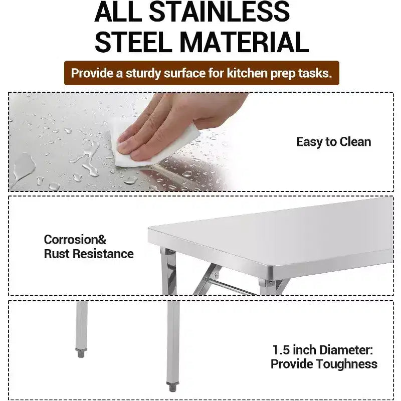 Worktable Workstation, Stainless Steel Prep Table Folding Table with Metal Adjusting Foot