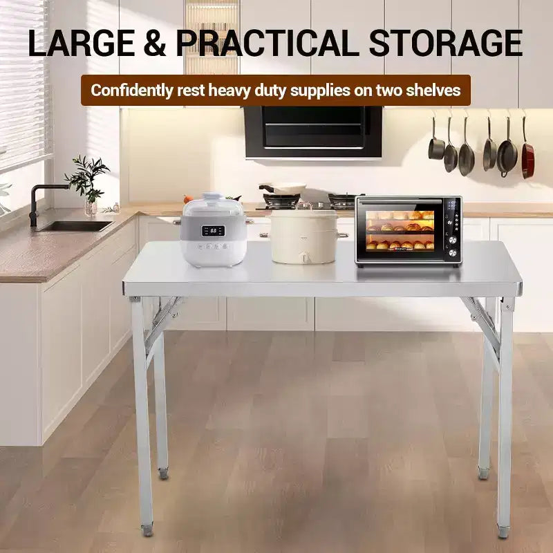 Worktable Workstation, Stainless Steel Prep Table Folding Table with Metal Adjusting Foot