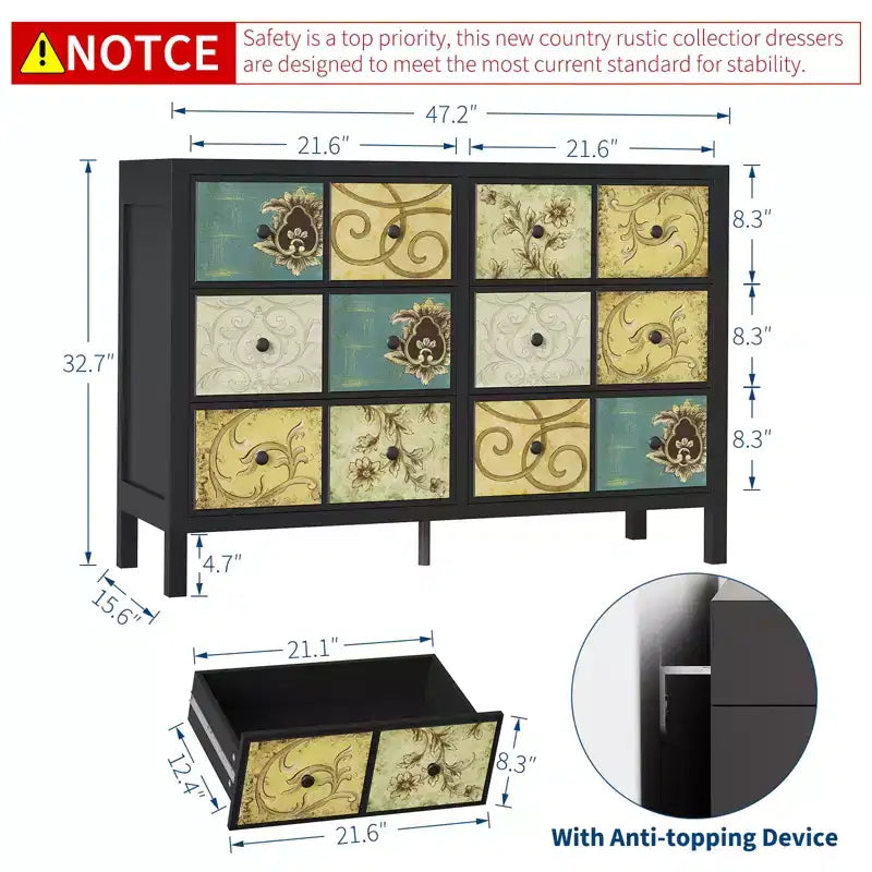 Wood Rustic Chest of 6 Drawers Dresser with Metal Handle and Retro Floral Pattern for Bedroom, Living Room, Floral Painted, Black