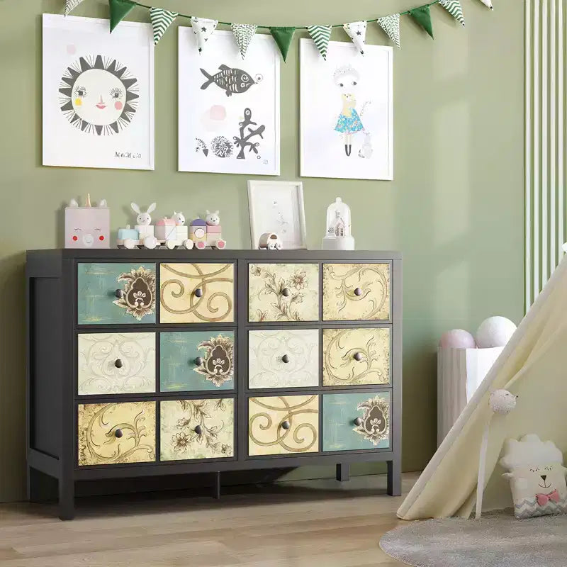Wood Rustic Chest of 6 Drawers Dresser with Metal Handle and Retro Floral Pattern for Bedroom, Living Room, Floral Painted, Black