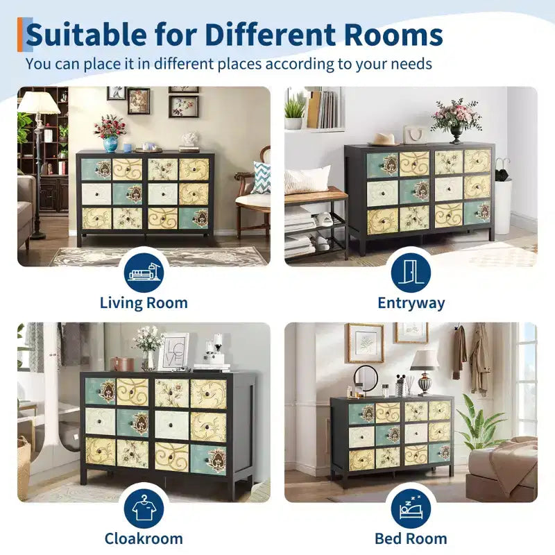Wood Rustic Chest of 6 Drawers Dresser with Metal Handle and Retro Floral Pattern for Bedroom, Living Room, Floral Painted, Black