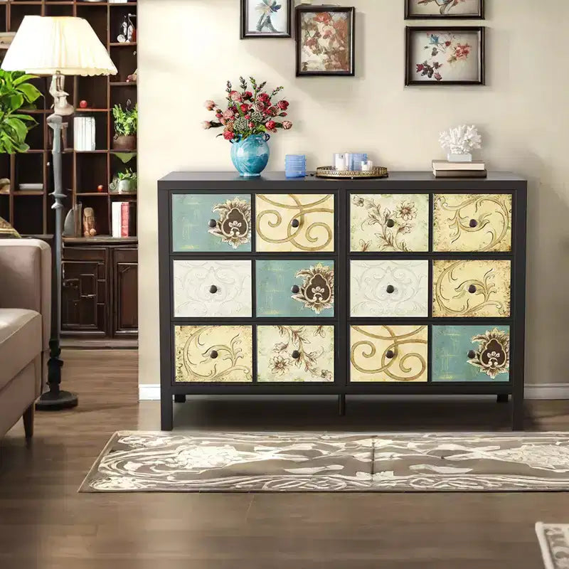 Wood Rustic Chest of 6 Drawers Dresser with Metal Handle and Retro Floral Pattern for Bedroom, Living Room, Floral Painted, Black