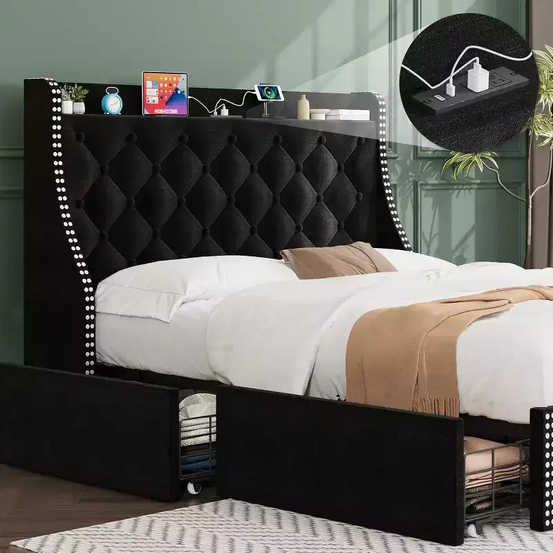 Bed Frame, Platform Bed with Velvet Upholstered Wingback Headboard - Wooden Slat Support, No Box Spring Needed, Easy Assembly