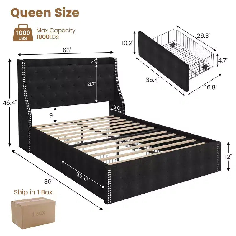 Bed Frame, Platform Bed with Velvet Upholstered Wingback Headboard - Wooden Slat Support, No Box Spring Needed, Easy Assembly