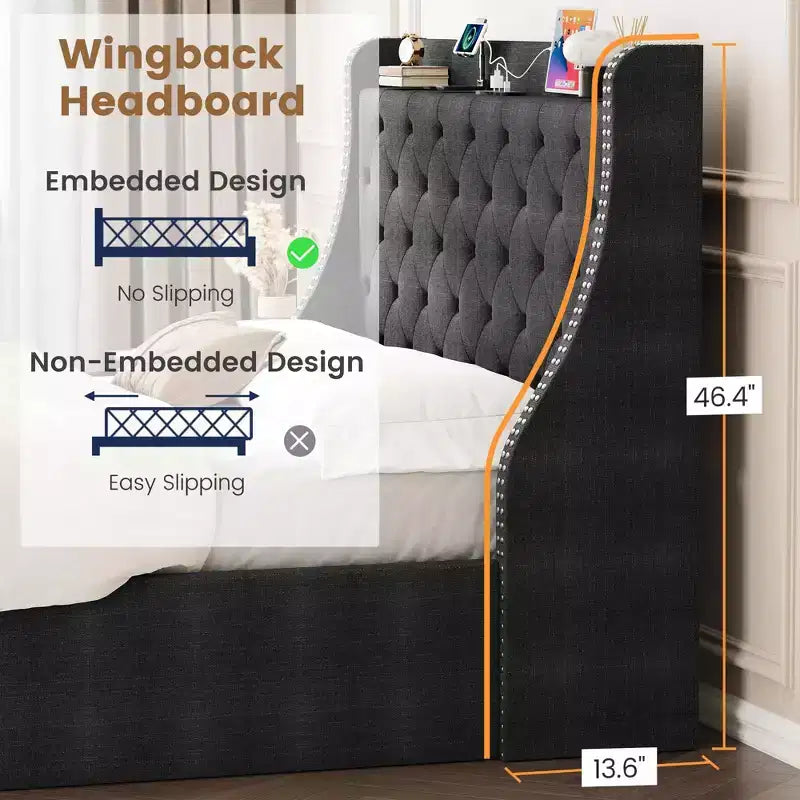 Bed Frame, Platform Bed with Velvet Upholstered Wingback Headboard - Wooden Slat Support, No Box Spring Needed, Easy Assembly