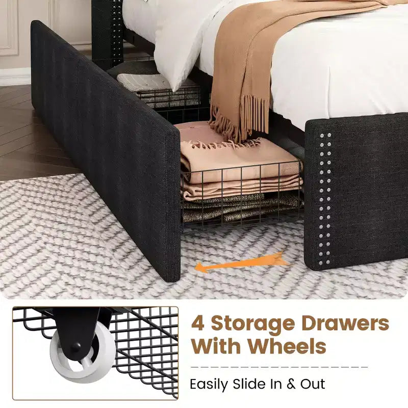 Bed Frame, Platform Bed with Velvet Upholstered Wingback Headboard - Wooden Slat Support, No Box Spring Needed, Easy Assembly