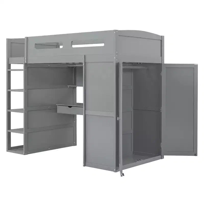 Loft Bed with Desk and Wardrobe, WoodenLoft Bed with Drawers and 4 Shelves for Kids Teens Adults