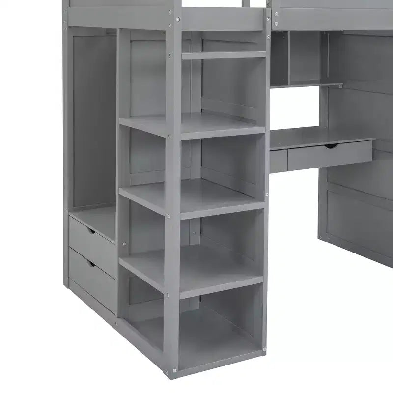 Loft Bed with Desk and Wardrobe, WoodenLoft Bed with Drawers and 4 Shelves for Kids Teens Adults