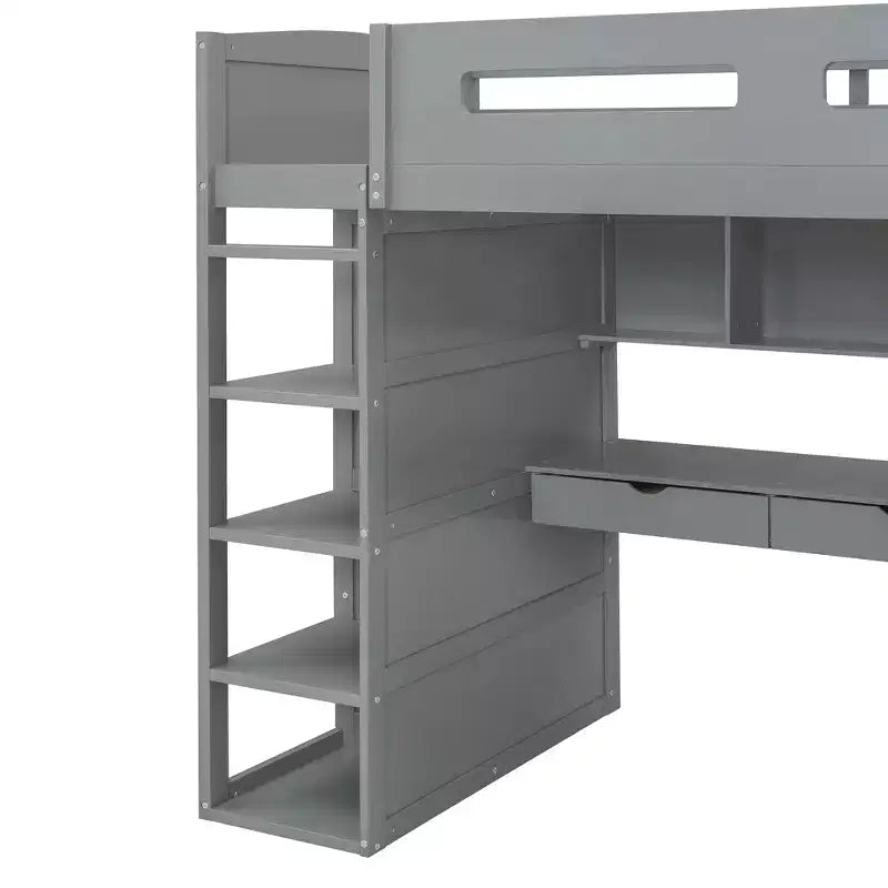 Loft Bed with Desk and Wardrobe, WoodenLoft Bed with Drawers and 4 Shelves for Kids Teens Adults