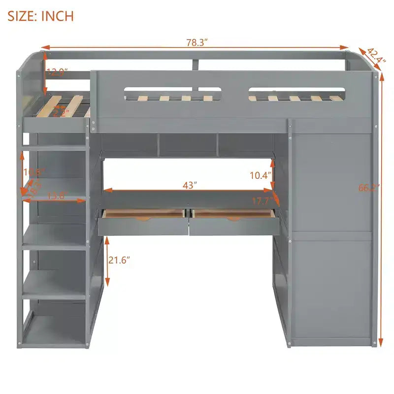 Loft Bed with Desk and Wardrobe, WoodenLoft Bed with Drawers and 4 Shelves for Kids Teens Adults