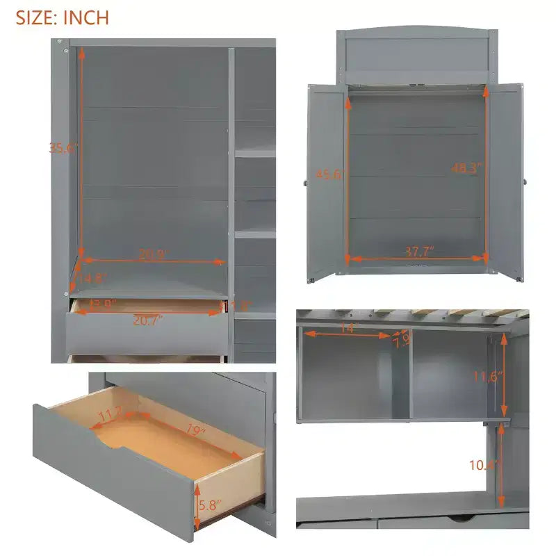 Loft Bed with Desk and Wardrobe, WoodenLoft Bed with Drawers and 4 Shelves for Kids Teens Adults