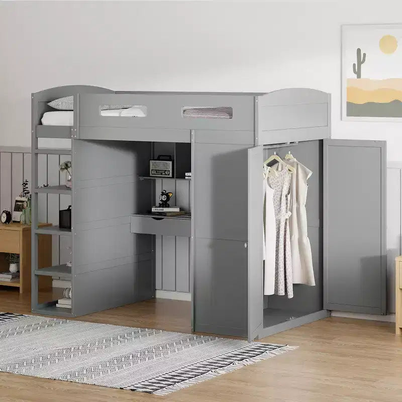 Loft Bed with Desk and Wardrobe, WoodenLoft Bed with Drawers and 4 Shelves for Kids Teens Adults