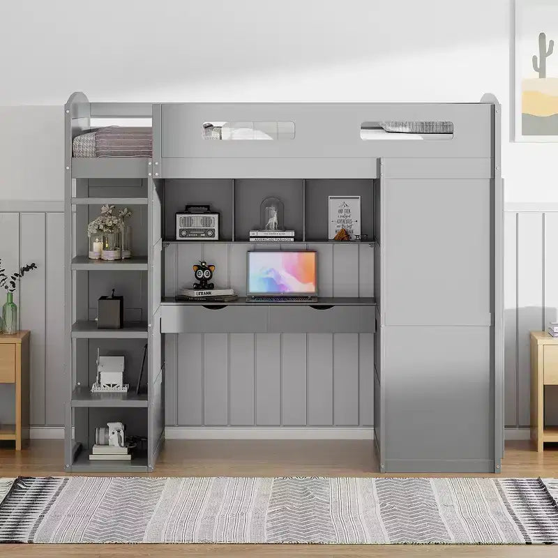 Loft Bed with Desk and Wardrobe, WoodenLoft Bed with Drawers and 4 Shelves for Kids Teens Adults