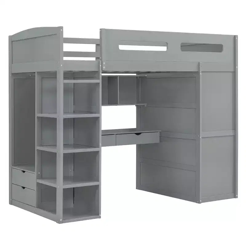 Loft Bed with Desk and Wardrobe, WoodenLoft Bed with Drawers and 4 Shelves for Kids Teens Adults