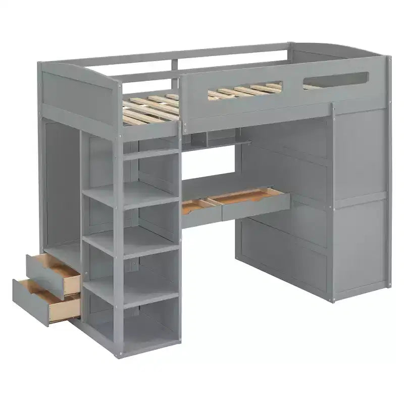 Loft Bed with Desk and Wardrobe, WoodenLoft Bed with Drawers and 4 Shelves for Kids Teens Adults