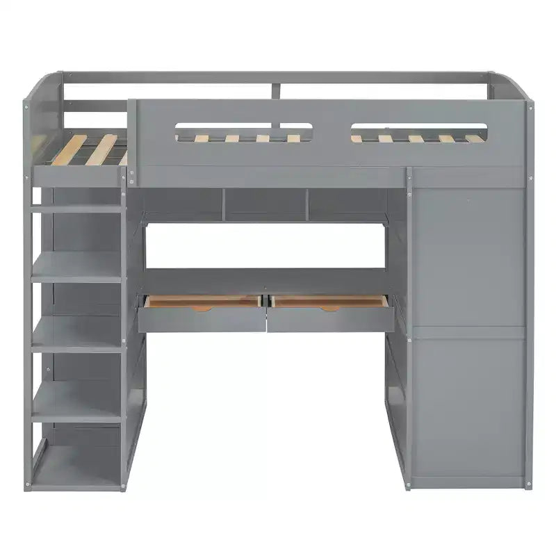 Loft Bed with Desk and Wardrobe, WoodenLoft Bed with Drawers and 4 Shelves for Kids Teens Adults