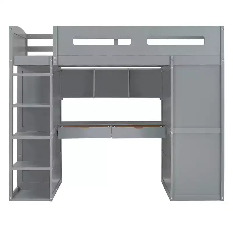 Loft Bed with Desk and Wardrobe, WoodenLoft Bed with Drawers and 4 Shelves for Kids Teens Adults