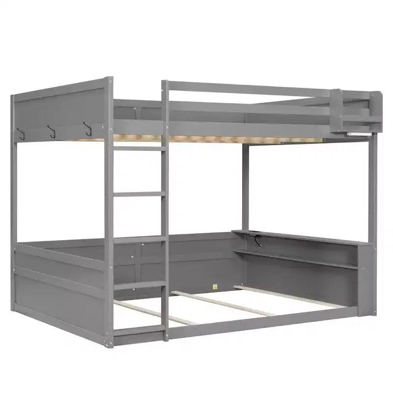 Low Bunk Bed Queen over Queen with Storage Shelves, Wood Bunk Bed with USB Charging Station and LED Light