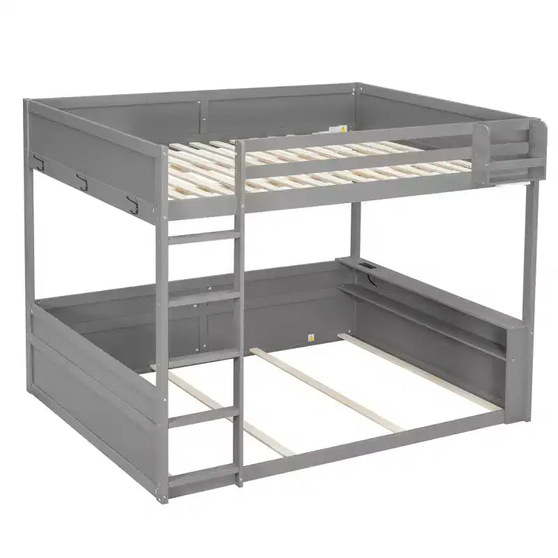 Low Bunk Bed Queen over Queen with Storage Shelves, Wood Bunk Bed with USB Charging Station and LED Light