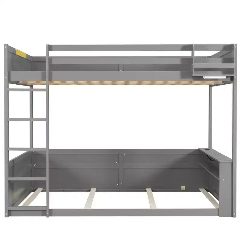Low Bunk Bed Queen over Queen with Storage Shelves, Wood Bunk Bed with USB Charging Station and LED Light