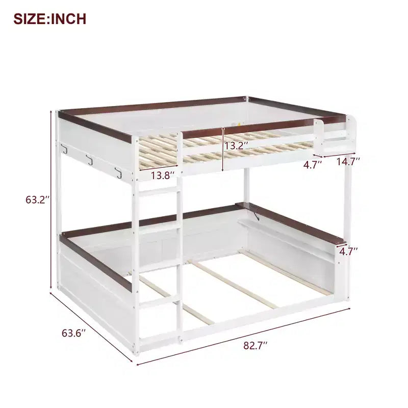 Low Bunk Bed Queen over Queen with Storage Shelves, Wood Bunk Bed with USB Charging Station and LED Light