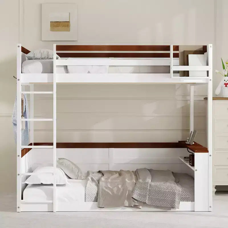 Low Bunk Bed Queen over Queen with Storage Shelves, Wood Bunk Bed with USB Charging Station and LED Light