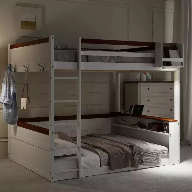 Low Bunk Bed Queen over Queen with Storage Shelves, Wood Bunk Bed with USB Charging Station and LED Light