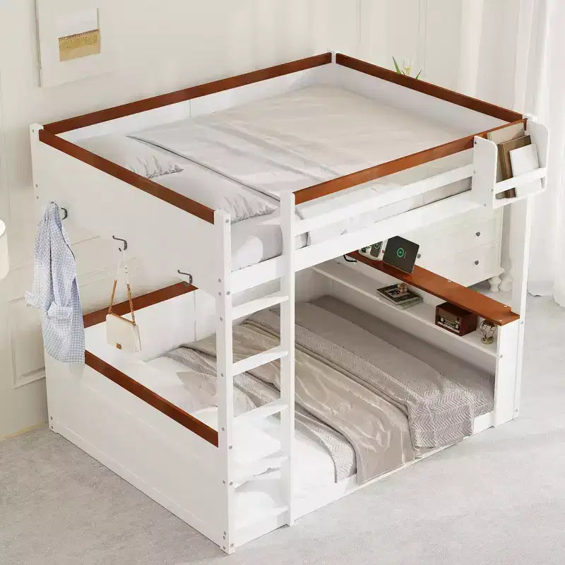 Low Bunk Bed Queen over Queen with Storage Shelves, Wood Bunk Bed with USB Charging Station and LED Light