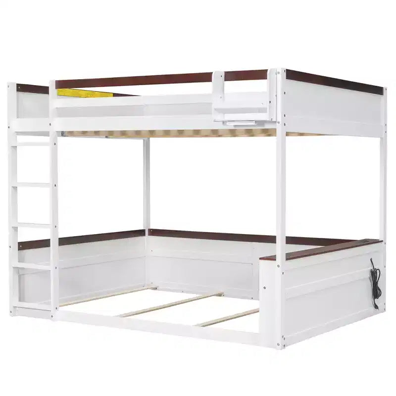 Low Bunk Bed Queen over Queen with Storage Shelves, Wood Bunk Bed with USB Charging Station and LED Light