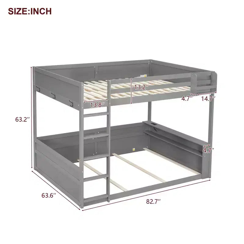 Low Bunk Bed Queen over Queen with Storage Shelves, Wood Bunk Bed with USB Charging Station and LED Light