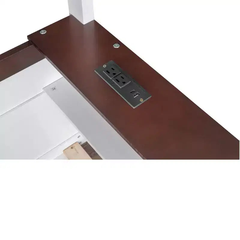Low Bunk Bed Queen over Queen with Storage Shelves, Wood Bunk Bed with USB Charging Station and LED Light