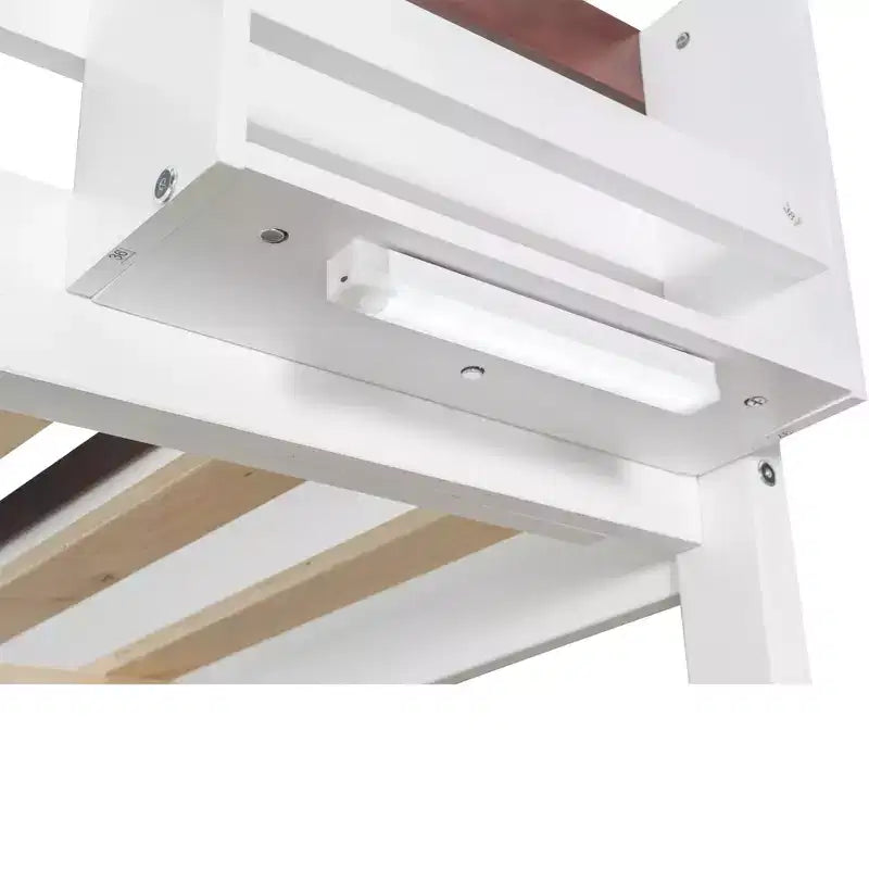 Low Bunk Bed Queen over Queen with Storage Shelves, Wood Bunk Bed with USB Charging Station and LED Light
