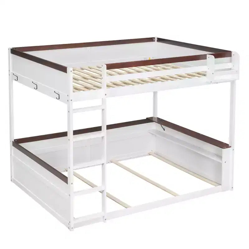 Low Bunk Bed Queen over Queen with Storage Shelves, Wood Bunk Bed with USB Charging Station and LED Light